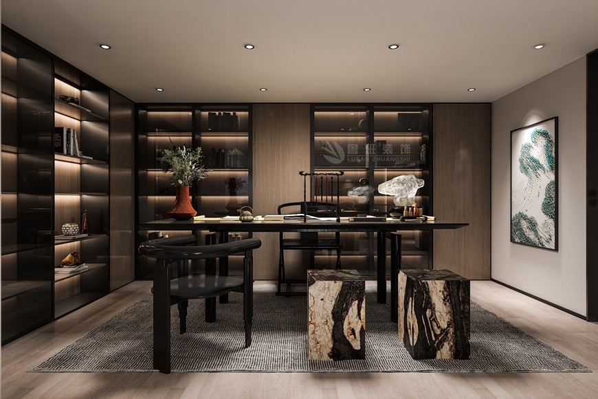 湖(hú)光山(shān)色下疊200平米現代東方風格書房