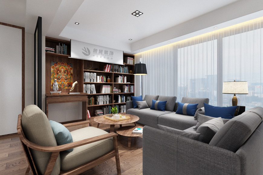 西安(ān)魯班裝(zhuāng)飾出品金地中(zhōng)心風華180平米複式舒适日式風格田百朋主筆(bǐ)設計——客廳無電(diàn)視背景牆設計效果圖