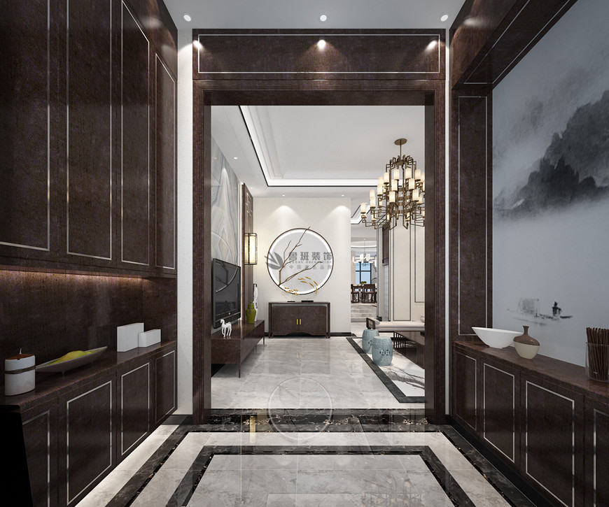 西安(ān)魯班裝(zhuāng)飾出品金地湖(hú)城大境339平米黑胡桃色新(xīn)中(zhōng)式田百朋主筆(bǐ)設計——門廳玄關設計效果圖