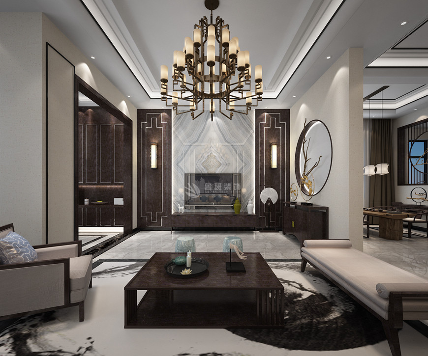 西安(ān)魯班裝(zhuāng)飾出品金地湖(hú)城大境339平米黑胡桃色新(xīn)中(zhōng)式田百朋主筆(bǐ)設計——客廳電(diàn)視背景牆設計效果圖