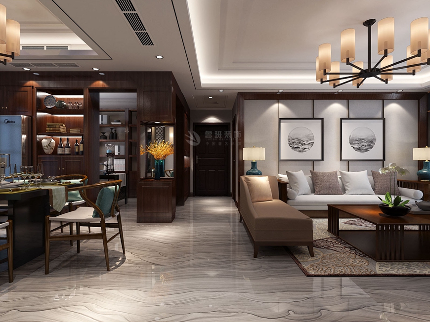 西安(ān)魯班裝(zhuāng)飾出品禦錦城四居室140平米新(xīn)中(zhōng)式風格高延慶主筆(bǐ)設計——客廳沙發背景牆設計效果圖