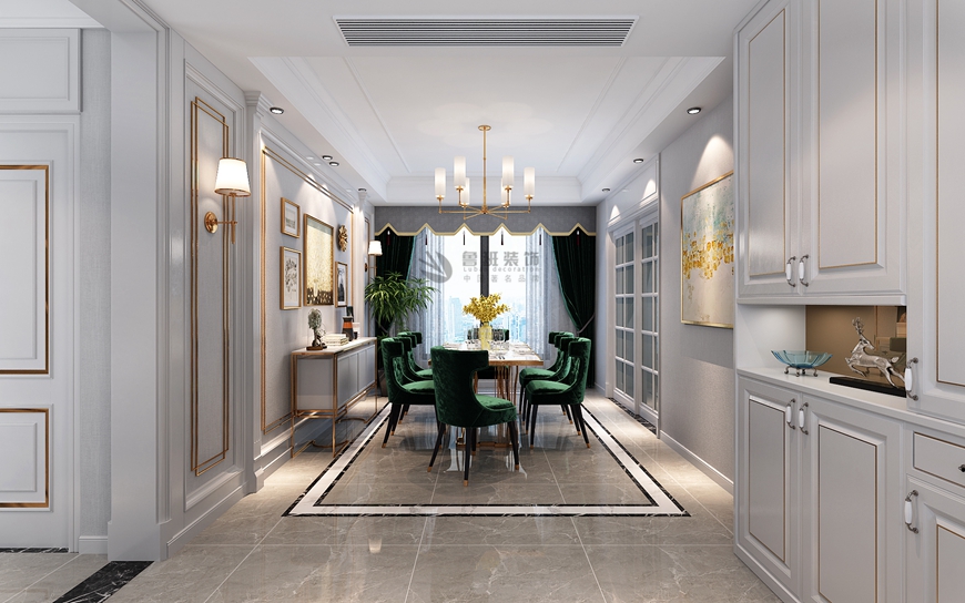 西安(ān)魯班裝(zhuāng)飾出品天創雲墅170平米四居室美式輕奢塗黎設計師主筆(bǐ)——餐廳設計效果圖